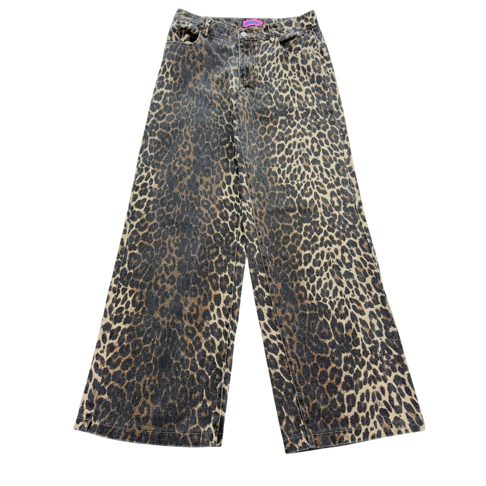 Edikted Leopard Print Wide Leg Jeans Women's S Brown Black Denim